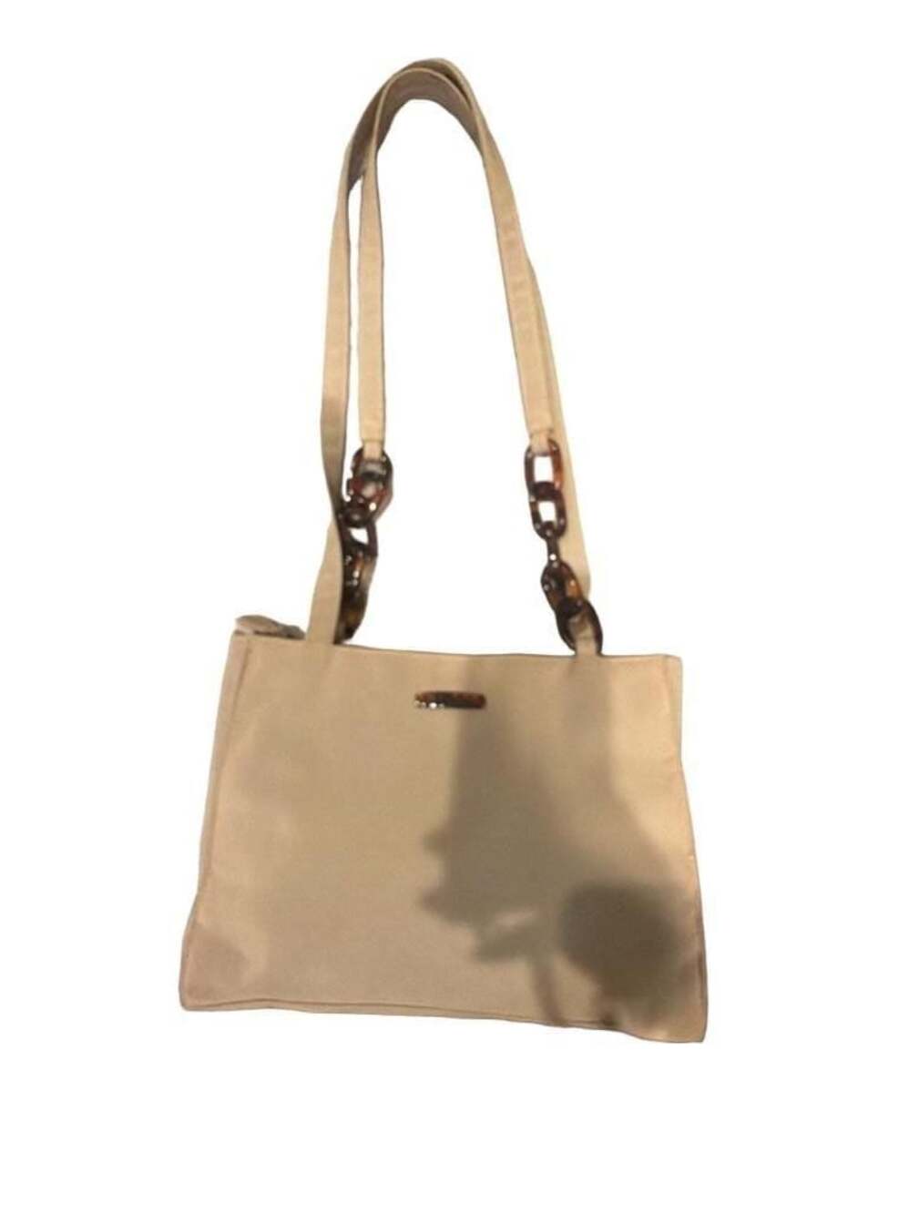 SB New York Beige Nylon Tote Bag with Tortoiseshell Acrylic Chain Detail